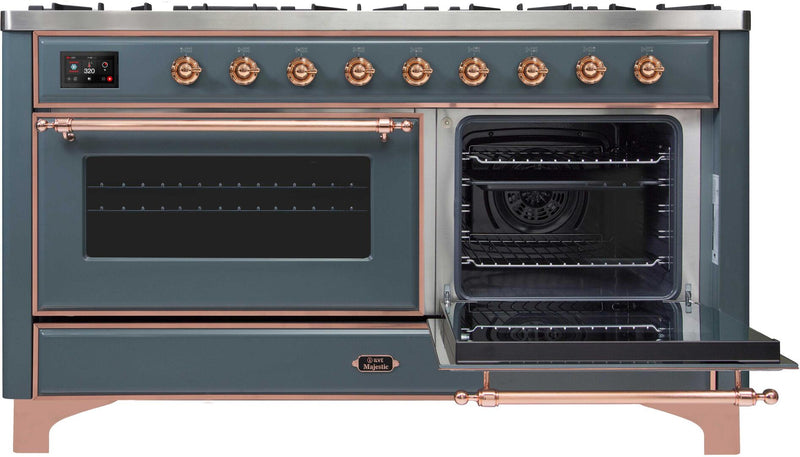 ILVE 60" Majestic II Dual Fuel Range with 9 Sealed Burners - Griddle - Dual Oven - Blue Grey with Copper Trim (UM15FDNS3BGP)