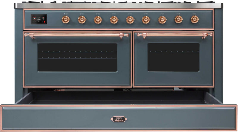 ILVE 60" Majestic II Dual Fuel Range with 9 Sealed Burners - Griddle - Dual Oven - Blue Grey with Copper Trim (UM15FDNS3BGP)