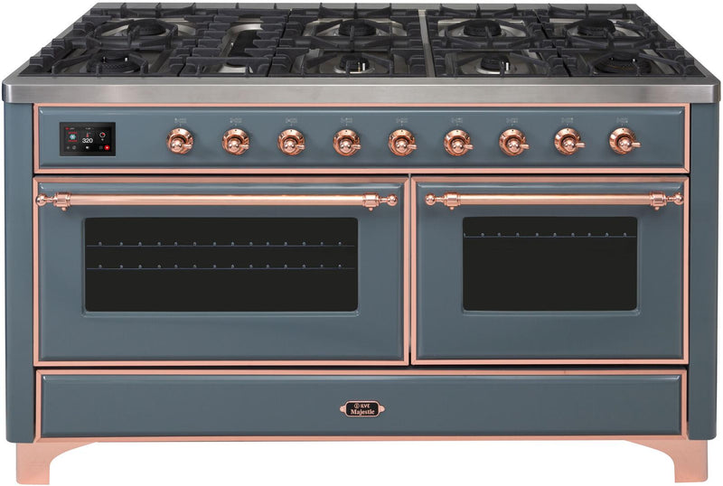 ILVE 60" Majestic II Dual Fuel Range with 9 Sealed Burners - Griddle - Dual Oven - Blue Grey with Copper Trim (UM15FDNS3BGP)