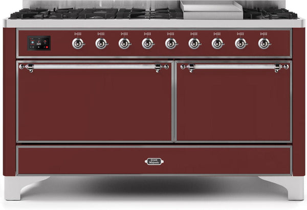 ILVE 60" Majestic II Dual Fuel Range with 9 Sealed Burners - Griddle - Dual Oven - Burgundy (UM15FDQNS3BUC)