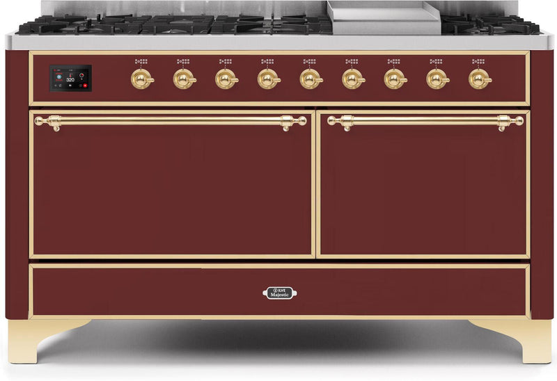 ILVE 60" Majestic II Dual Fuel Range with 9 Sealed Burners - Griddle - Dual Oven - Burgundy (UM15FDQNS3BUG)