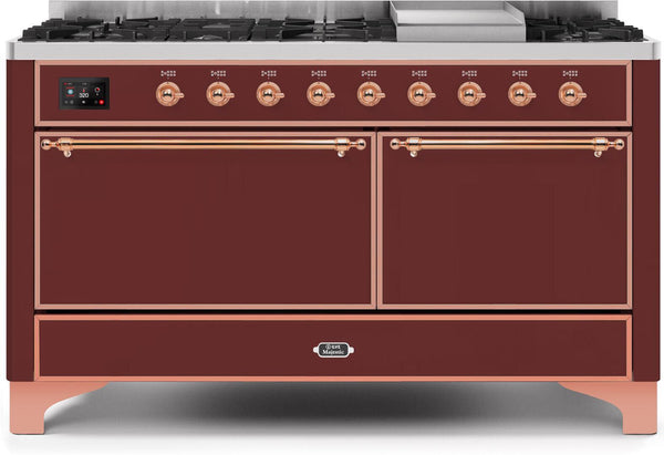 ILVE 60" Majestic II Dual Fuel Range with 9 Sealed Burners - Griddle - Dual Oven - Burgundy (UM15FDQNS3BUP)