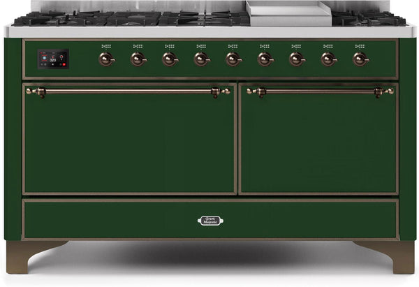 ILVE 60" Majestic II Dual Fuel Range with 9 Sealed Burners - Griddle - Dual Oven - Emerald Green (UM15FDQNS3EGB)