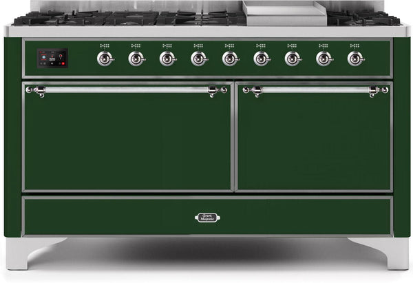 ILVE 60" Majestic II Dual Fuel Range with 9 Sealed Burners - Griddle - Dual Oven - Emerald Green (UM15FDQNS3EGC)