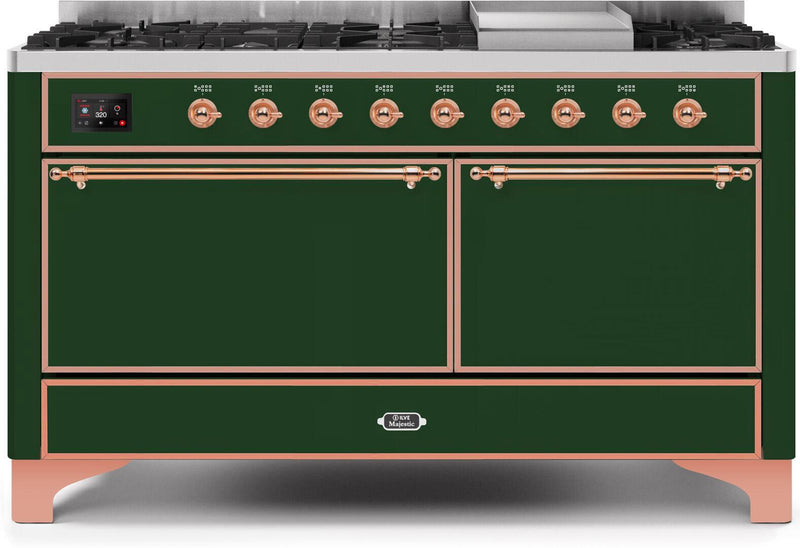 ILVE 60" Majestic II Dual Fuel Range with 9 Sealed Burners - Griddle - Dual Oven - Emerald Green (UM15FDQNS3EGP)