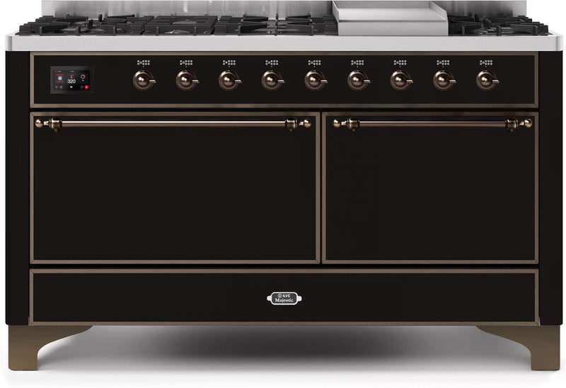 ILVE 60" Majestic II Dual Fuel Range with 9 Sealed Burners - Griddle - Dual Oven - Glossy Black (UM15FDQNS3BKB)