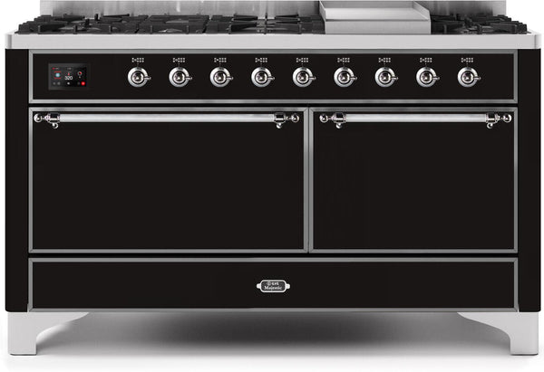 ILVE 60" Majestic II Dual Fuel Range with 9 Sealed Burners - Griddle - Dual Oven - Glossy Black (UM15FDQNS3BKC)