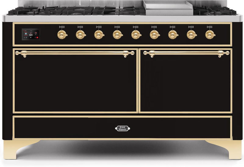 ILVE 60" Majestic II Dual Fuel Range with 9 Sealed Burners - Griddle - Dual Oven - Glossy Black (UM15FDQNS3BKG)