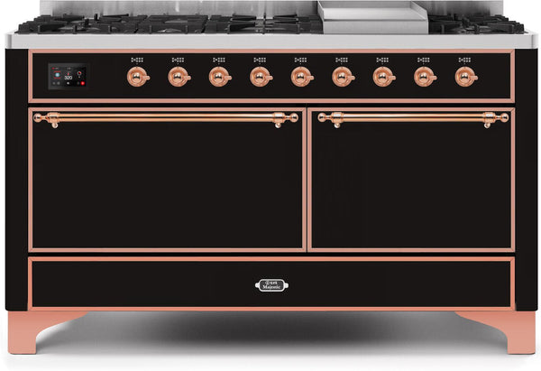 ILVE 60" Majestic II Dual Fuel Range with 9 Sealed Burners - Griddle - Dual Oven - Glossy Black (UM15FDQNS3BKP)