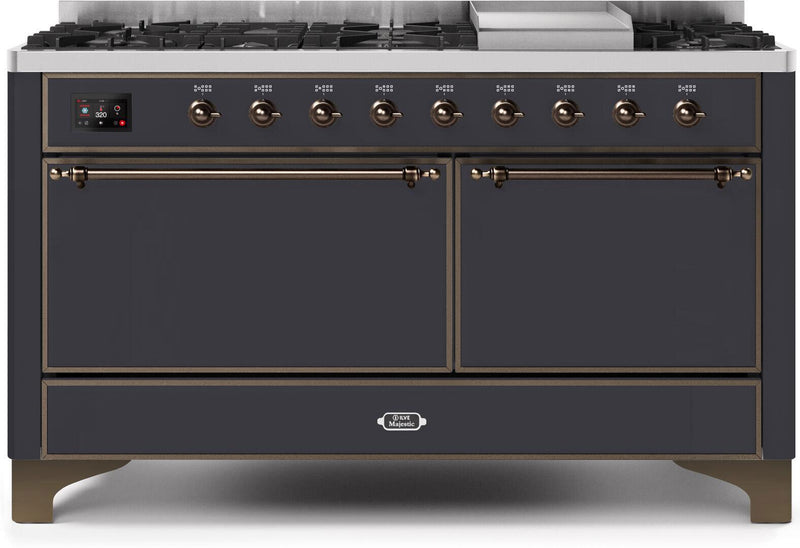 ILVE 60" Majestic II Dual Fuel Range with 9 Sealed Burners - Griddle - Dual Oven - Matte Graphite (UM15FDQNS3MGB)