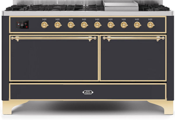 ILVE 60" Majestic II Dual Fuel Range with 9 Sealed Burners - Griddle - Dual Oven - Matte Graphite (UM15FDQNS3MGG)