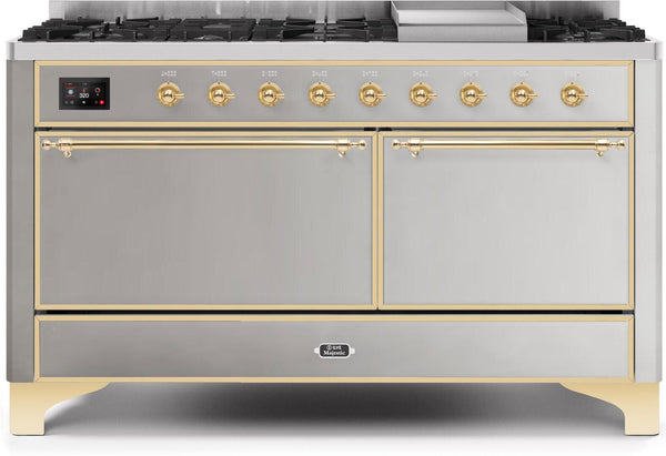 ILVE 60" Majestic II Dual Fuel Range with 9 Sealed Burners - Griddle - Dual Oven - Stainless Steel (UM15FDQNS3SSG)