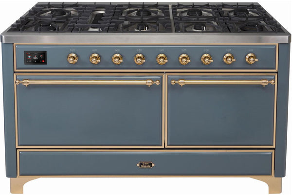 ILVE 60" Majestic II Dual Fuel Range with 9 Sealed Burners - Griddle - Dual Oven - in Blue Grey with Brass Trim (UM15FDQNS3BGG)