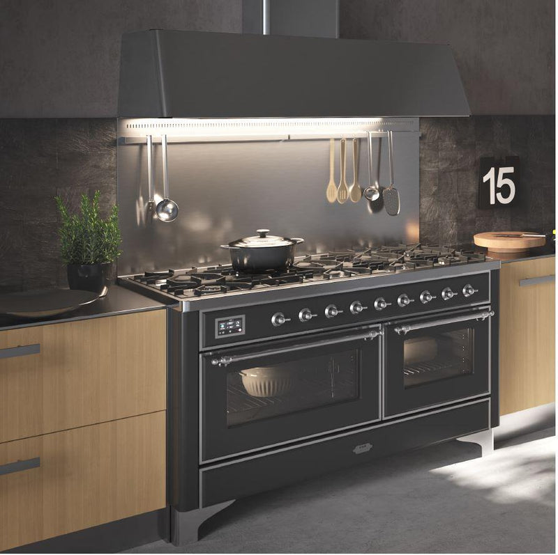 ILVE 60" Majestic II Dual Fuel Range with 9 Sealed Burners - Griddle - Dual Oven - in Blue Grey with Bronze Trim (UM15FDNS3BGB)