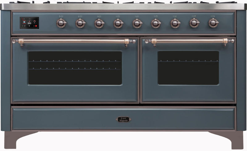 ILVE 60" Majestic II Dual Fuel Range with 9 Sealed Burners - Griddle - Dual Oven - in Blue Grey with Bronze Trim (UM15FDNS3BGB)