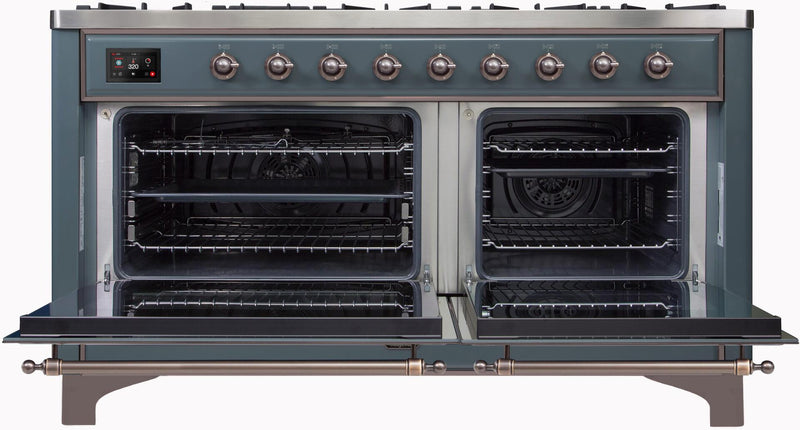 ILVE 60" Majestic II Dual Fuel Range with 9 Sealed Burners - Griddle - Dual Oven - in Blue Grey with Bronze Trim (UM15FDNS3BGB)