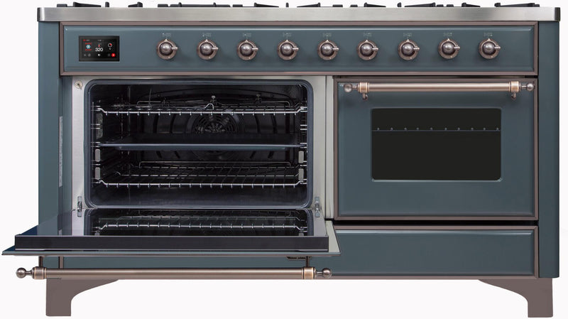 ILVE 60" Majestic II Dual Fuel Range with 9 Sealed Burners - Griddle - Dual Oven - in Blue Grey with Bronze Trim (UM15FDNS3BGB)