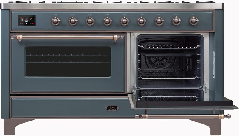 ILVE 60" Majestic II Dual Fuel Range with 9 Sealed Burners - Griddle - Dual Oven - in Blue Grey with Bronze Trim (UM15FDNS3BGB)