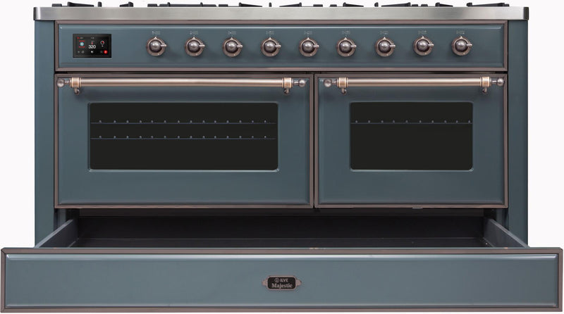 ILVE 60" Majestic II Dual Fuel Range with 9 Sealed Burners - Griddle - Dual Oven - in Blue Grey with Bronze Trim (UM15FDNS3BGB)