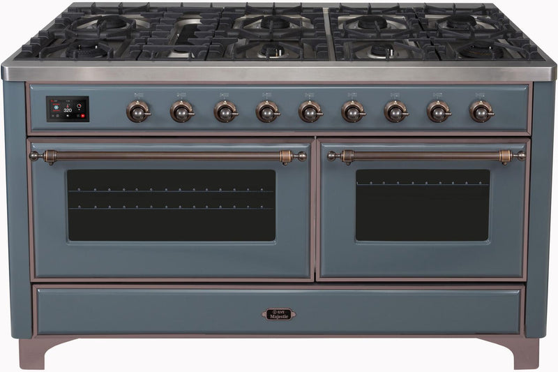 ILVE 60" Majestic II Dual Fuel Range with 9 Sealed Burners - Griddle - Dual Oven - in Blue Grey with Bronze Trim (UM15FDNS3BGB)