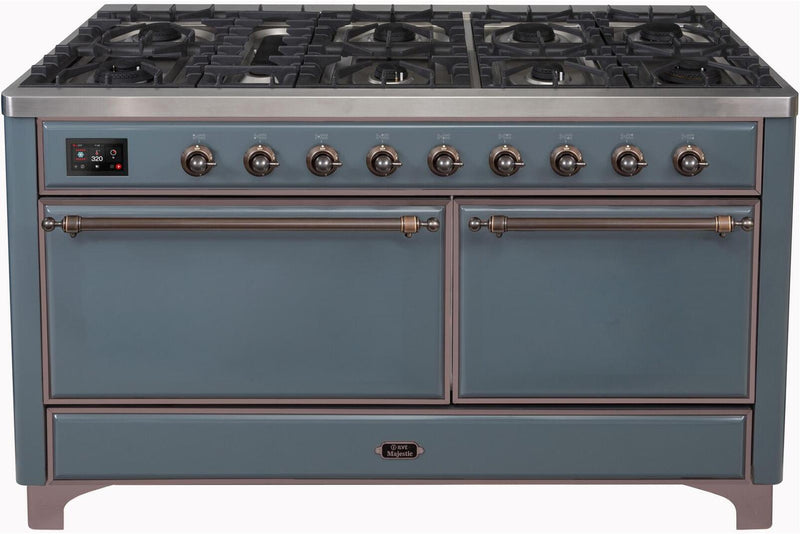 ILVE 60" Majestic II Dual Fuel Range with 9 Sealed Burners - Griddle - Dual Oven - in Blue Grey with Bronze Trim (UM15FDQNS3BGB)