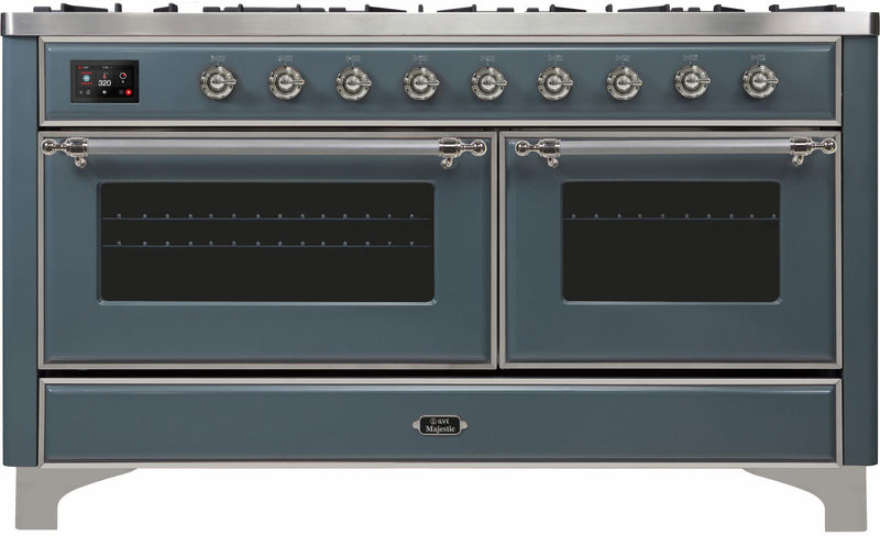 ILVE 60" Majestic II Dual Fuel Range with 9 Sealed Burners - Griddle - Dual Oven - in Blue Grey with Chrome Trim (UM15FDNS3BGC)