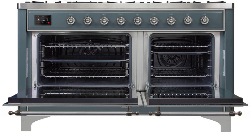 ILVE 60" Majestic II Dual Fuel Range with 9 Sealed Burners - Griddle - Dual Oven - in Blue Grey with Chrome Trim (UM15FDNS3BGC)