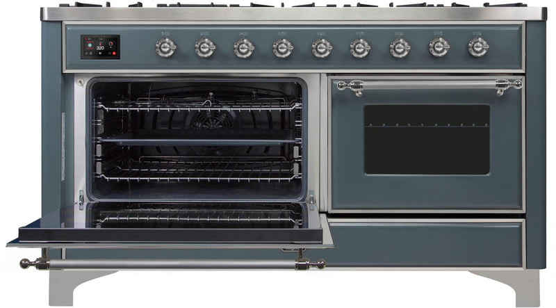 ILVE 60" Majestic II Dual Fuel Range with 9 Sealed Burners - Griddle - Dual Oven - in Blue Grey with Chrome Trim (UM15FDNS3BGC)