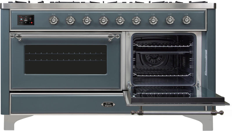 ILVE 60" Majestic II Dual Fuel Range with 9 Sealed Burners - Griddle - Dual Oven - in Blue Grey with Chrome Trim (UM15FDNS3BGC)