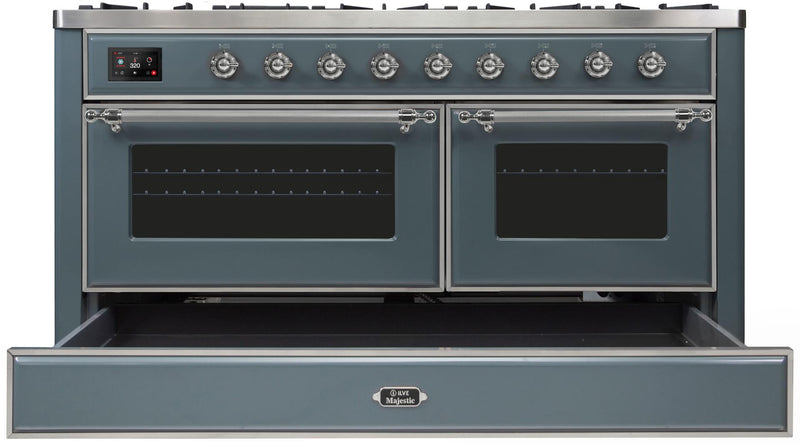 ILVE 60" Majestic II Dual Fuel Range with 9 Sealed Burners - Griddle - Dual Oven - in Blue Grey with Chrome Trim (UM15FDNS3BGC)