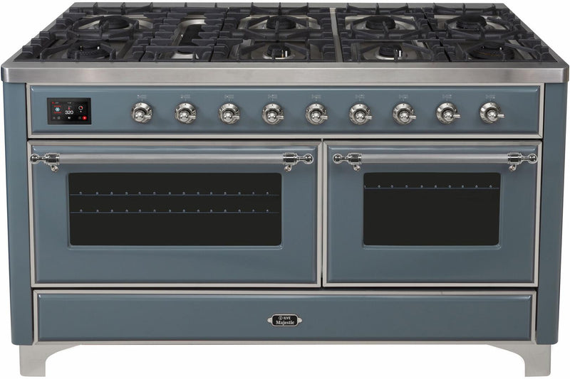 ILVE 60" Majestic II Dual Fuel Range with 9 Sealed Burners - Griddle - Dual Oven - in Blue Grey with Chrome Trim (UM15FDNS3BGC)