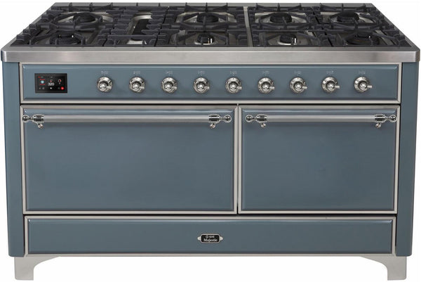 ILVE 60" Majestic II Dual Fuel Range with 9 Sealed Burners - Griddle - Dual Oven - in Blue Grey with Chrome Trim (UM15FDQNS3BGC)