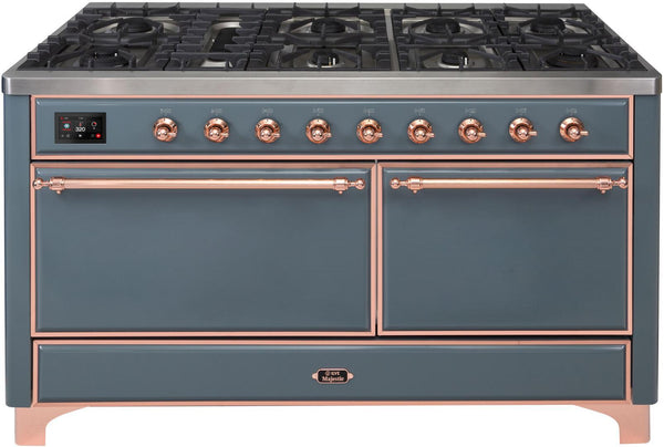 ILVE 60" Majestic II Dual Fuel Range with 9 Sealed Burners - Griddle - Dual Oven - in Blue Grey with Copper Trim (UM15FDQNS3BGP)