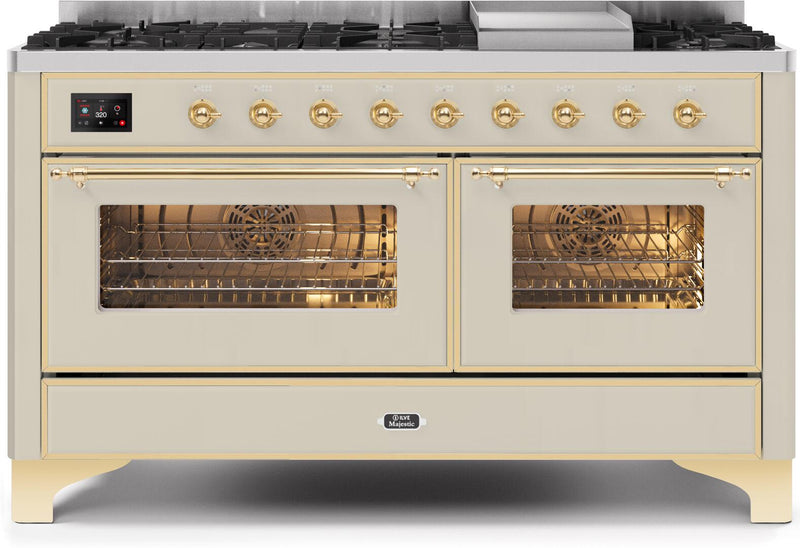 ILVE 60" Majestic II Dual Fuel Range with 9 Sealed Burners and Griddle - 5.8 cu. ft. Oven - Brass Trim in Antique White (UM15FDNS3AWG)