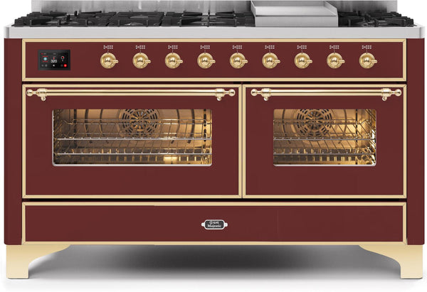 ILVE 60" Majestic II Dual Fuel Range with 9 Sealed Burners and Griddle - 5.8 cu. ft. Oven - Brass Trim in Burgundy (UM15FDNS3BUG)