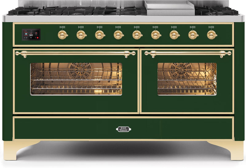 ILVE 60" Majestic II Dual Fuel Range with 9 Sealed Burners and Griddle - 5.8 cu. ft. Oven - Brass Trim in Emerald Green (UM15FDNS3EGG)