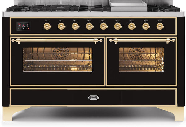 ILVE 60" Majestic II Dual Fuel Range with 9 Sealed Burners and Griddle - 5.8 cu. ft. Oven - Brass Trim in Glossy Black (UM15FDNS3BKG)