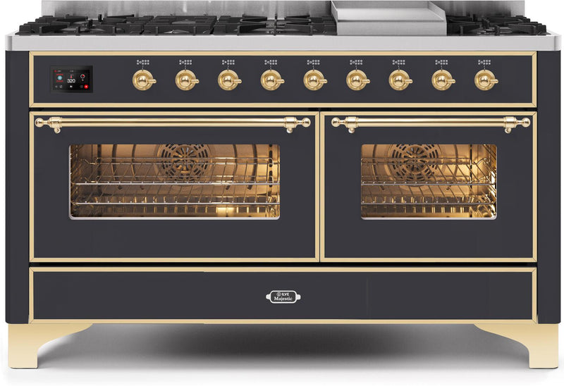 ILVE 60" Majestic II Dual Fuel Range with 9 Sealed Burners and Griddle - 5.8 cu. ft. Oven - Brass Trim in Matte Graphite (UM15FDNS3MGG)