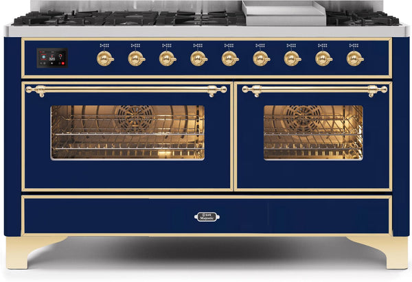 ILVE 60" Majestic II Dual Fuel Range with 9 Sealed Burners and Griddle - 5.8 cu. ft. Oven - Brass Trim in Midnight Blue (UM15FDNS3MBG)