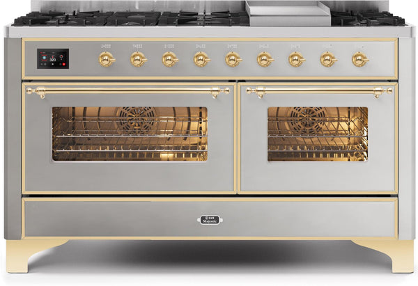 ILVE 60" Majestic II Dual Fuel Range with 9 Sealed Burners and Griddle - 5.8 cu. ft. Oven - Brass Trim in Stainless Steel (UM15FDNS3SSG)