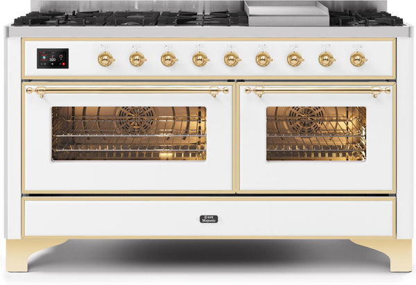 ILVE 60" Majestic II Dual Fuel Range with 9 Sealed Burners and Griddle - 5.8 cu. ft. Oven - Brass Trim in White (UM15FDNS3WHG)