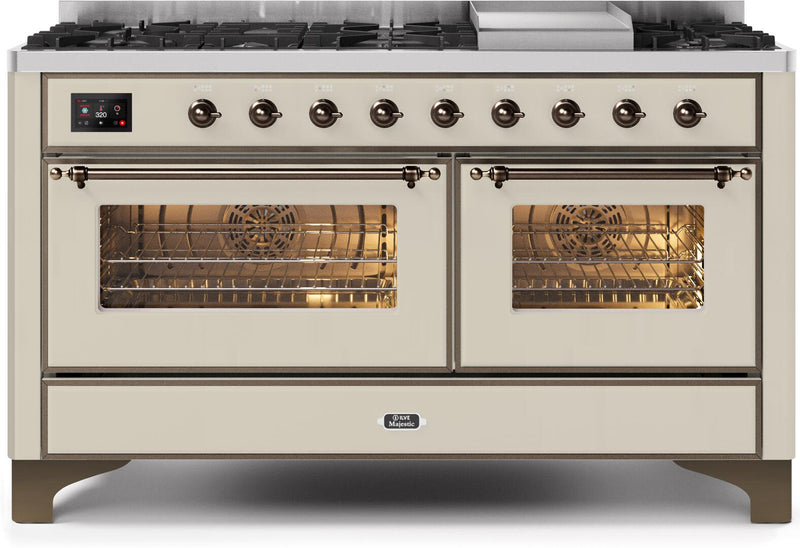 ILVE 60" Majestic II Dual Fuel Range with 9 Sealed Burners and Griddle - 5.8 cu. ft. Oven - Bronze Trim in Antique White (UM15FDNS3AWB)