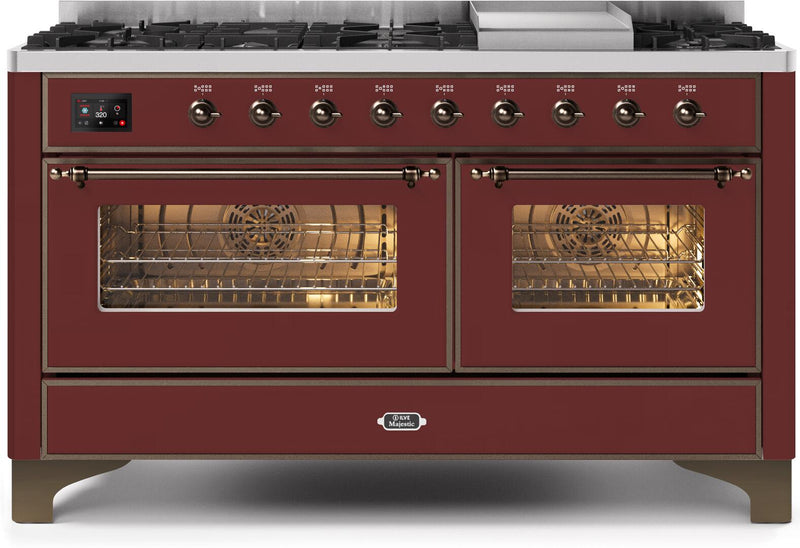 ILVE 60" Majestic II Dual Fuel Range with 9 Sealed Burners and Griddle - 5.8 cu. ft. Oven - Bronze Trim in Burgundy (UM15FDNS3BUB)