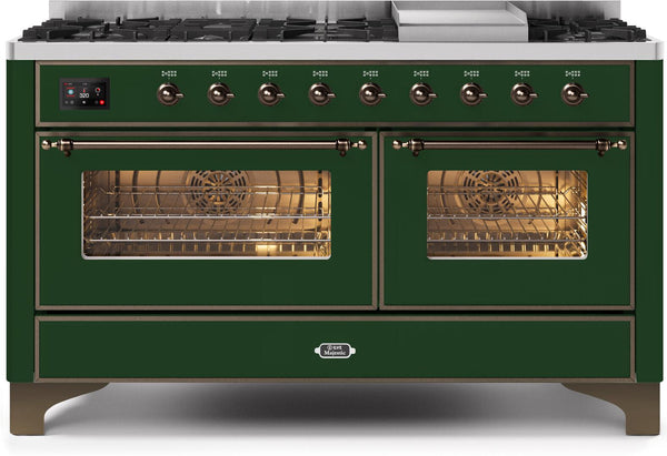 ILVE 60" Majestic II Dual Fuel Range with 9 Sealed Burners and Griddle - 5.8 cu. ft. Oven - Bronze Trim in Emerald Green (UM15FDNS3EGB)