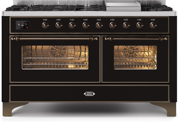 ILVE 60" Majestic II Dual Fuel Range with 9 Sealed Burners and Griddle - 5.8 cu. ft. Oven - Bronze Trim in Glossy Black (UM15FDNS3BKB)