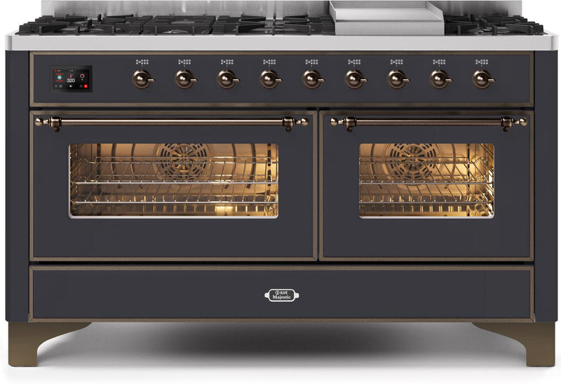 ILVE 60" Majestic II Dual Fuel Range with 9 Sealed Burners and Griddle - 5.8 cu. ft. Oven - Bronze Trim in Matte Graphite (UM15FDNS3MGB)