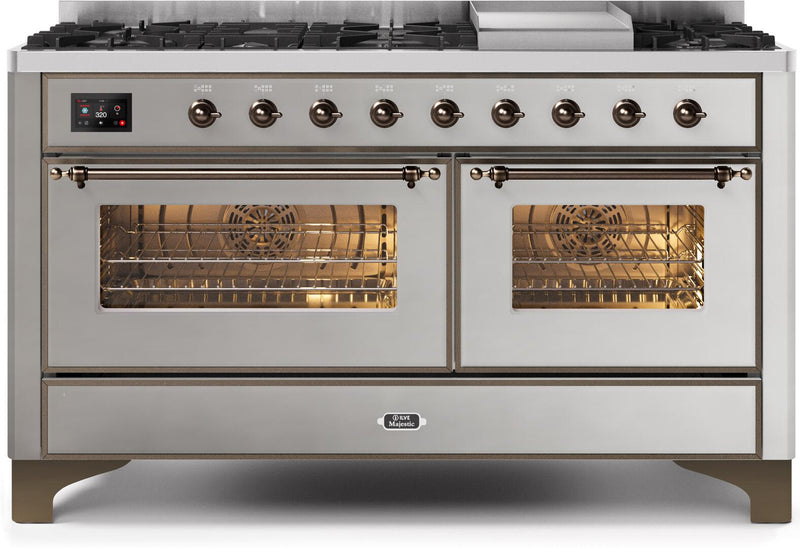 ILVE 60" Majestic II Dual Fuel Range with 9 Sealed Burners and Griddle - 5.8 cu. ft. Oven - Bronze Trim in Stainless Steel (UM15FDNS3SSB)