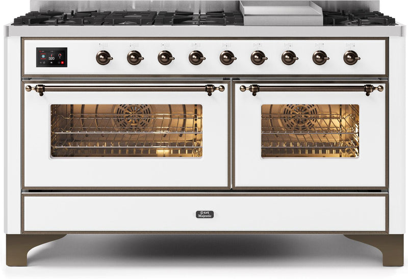 ILVE 60" Majestic II Dual Fuel Range with 9 Sealed Burners and Griddle - 5.8 cu. ft. Oven - Bronze Trim in White (UM15FDNS3WHB)