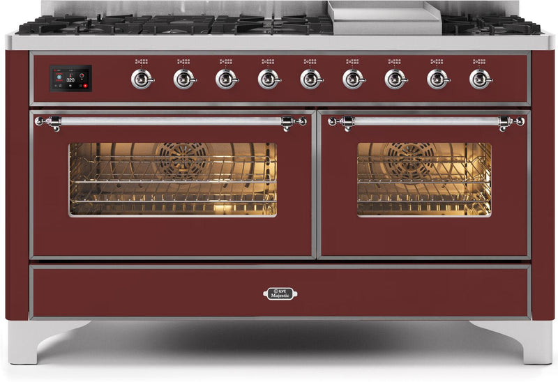 ILVE 60" Majestic II Dual Fuel Range with 9 Sealed Burners and Griddle - 5.8 cu. ft. Oven - Chrome Trim in Burgundy (UM15FDNS3BUC)