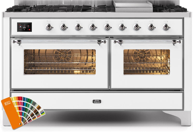 ILVE 60" Majestic II Dual Fuel Range with 9 Sealed Burners and Griddle - 5.8 cu. ft. Oven - Chrome Trim in Custom RAL Color (UM15FDNS3RALC)